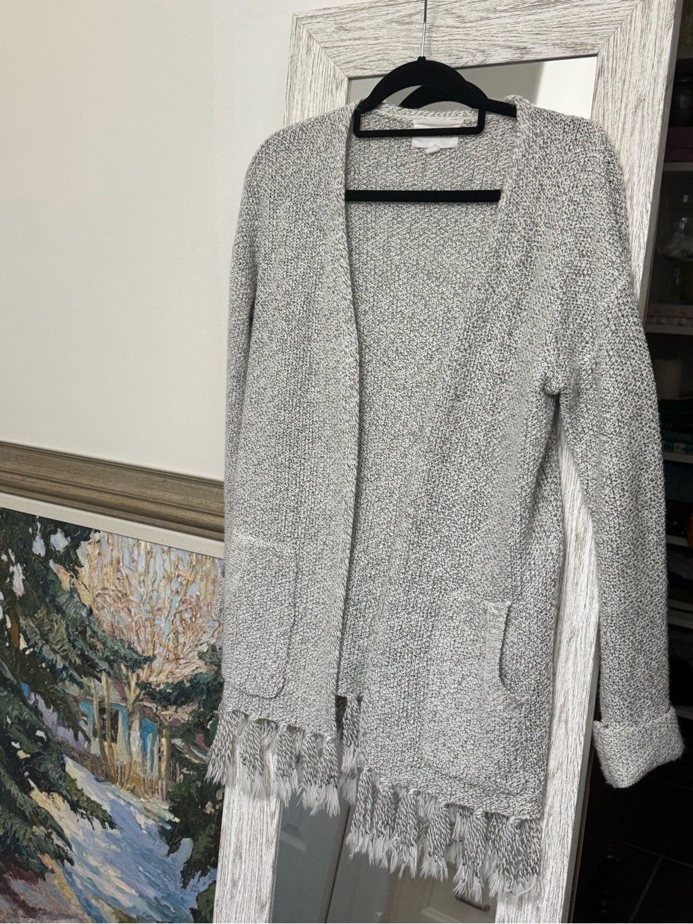 Olive & Oak Heather Gray Open-Front Fringe Hem Cardigan